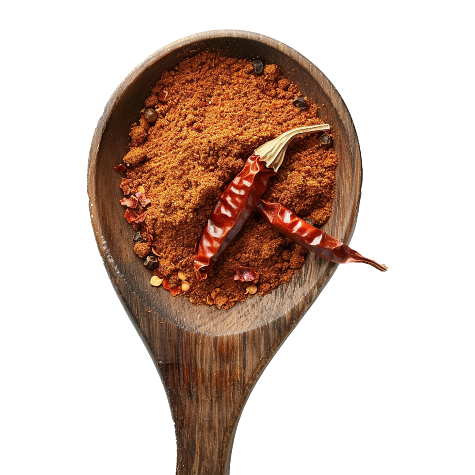 AI generated Chilli powder in wooden spoon isolated on transparent background png