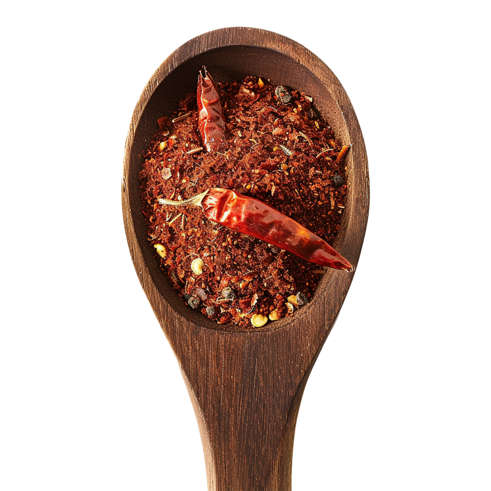 AI generated Chilli powder in wooden spoon isolated on transparent background png