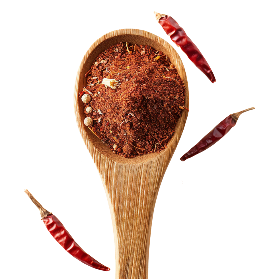 AI generated Chilli powder in wooden spoon isolated on transparent background png