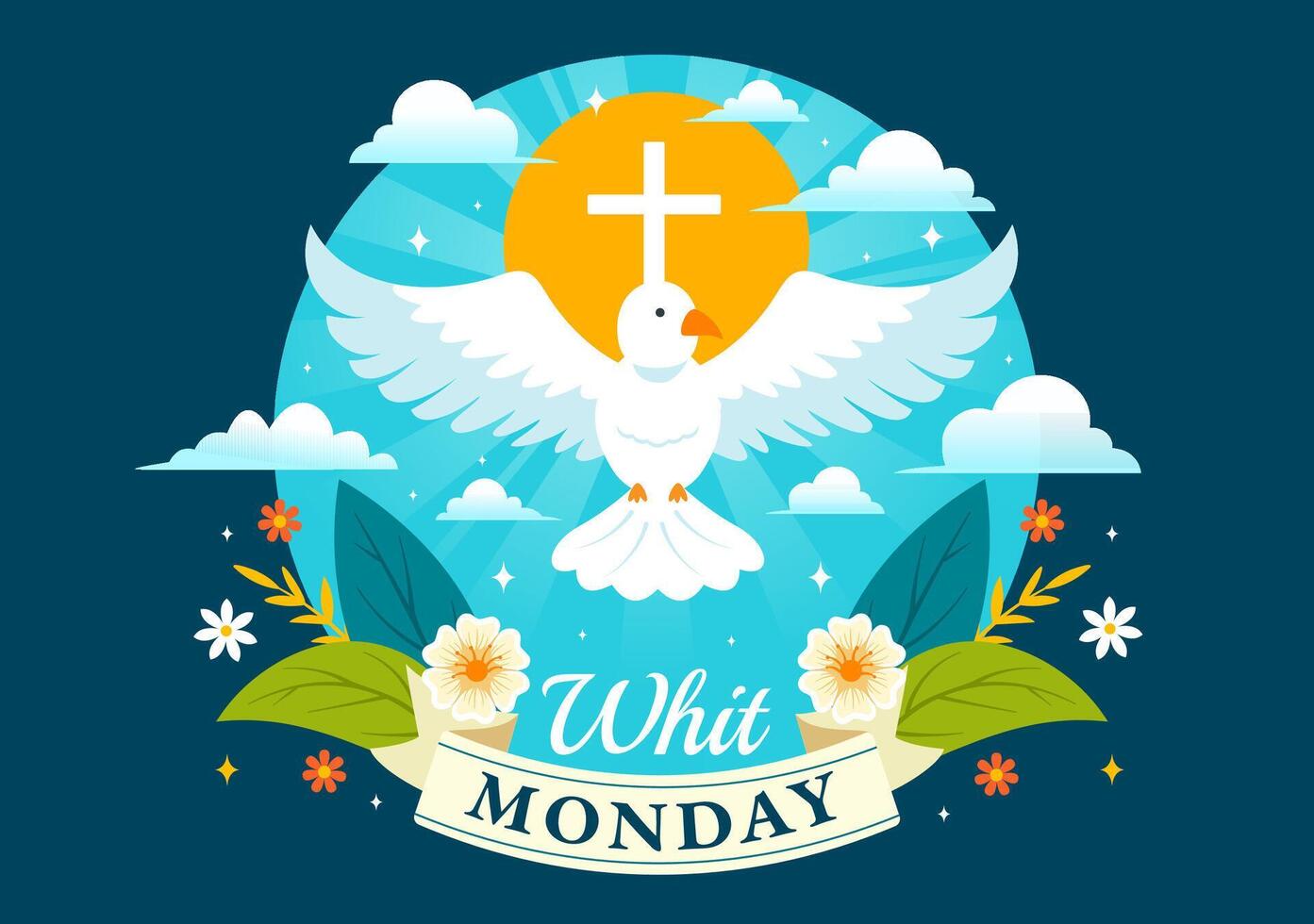 Whit Monday Vector Illustration with a Pigeon or Dove for Christian Community Holiday of the Holy Spirit in Flat Cartoon Background Design