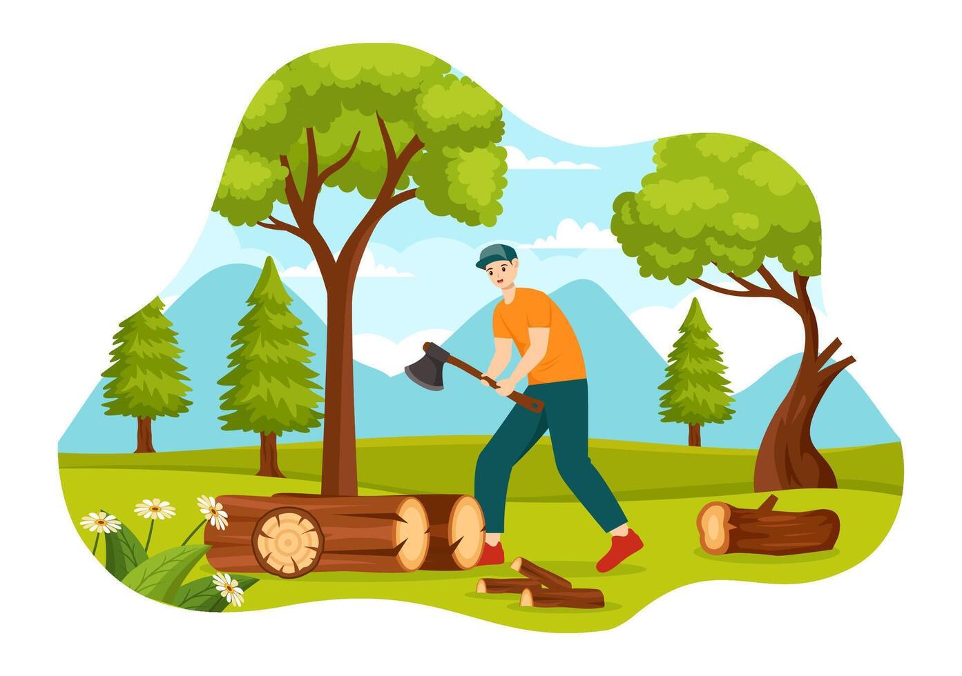 Timber Vector Illustration with Man Chopping Wood and Tree with Lumberjack Work Equipment Machinery or Chainsaw at Forest in Flat Cartoon Background