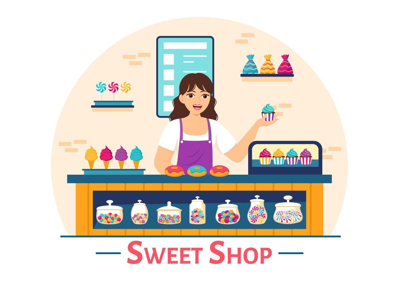 Sweet Shop Vector Illustration with Selling Various Bakery Products, Cupcake, Cake, Pastry or Candy in Flat Cartoon Background Design