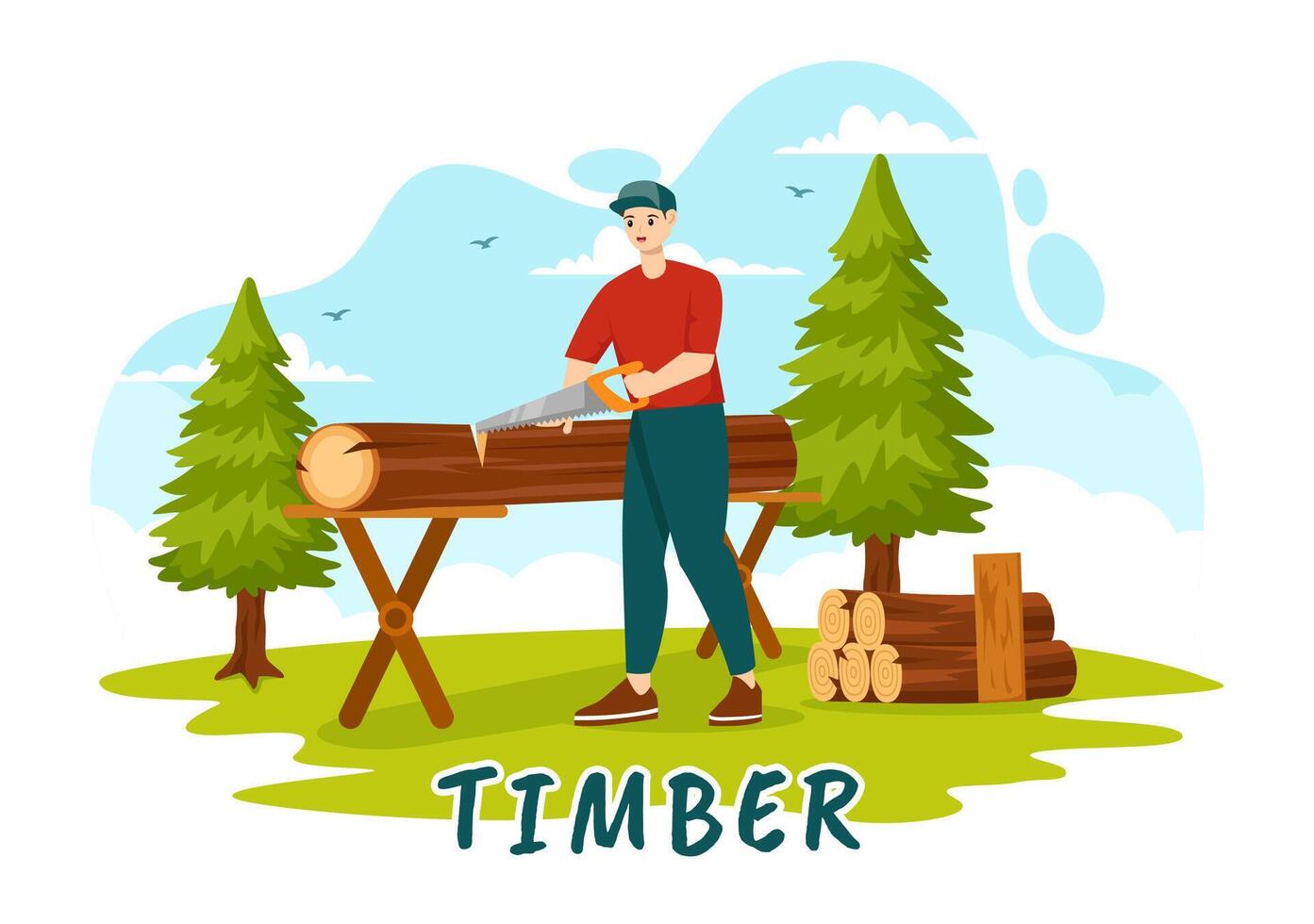 Timber Vector Illustration with Man Chopping Wood and Tree with Lumberjack Work Equipment Machinery or Chainsaw at Forest in Flat Cartoon Background