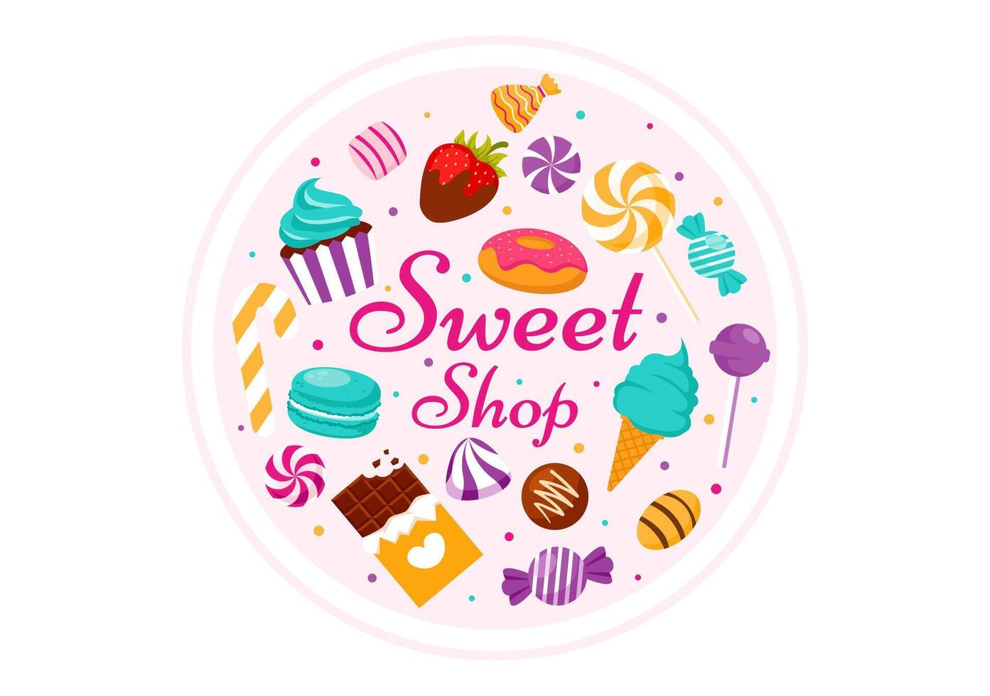 Sweet Shop Vector Illustration with Selling Various Bakery Products, Cupcake, Cake, Pastry or Candy in Flat Cartoon Background Design