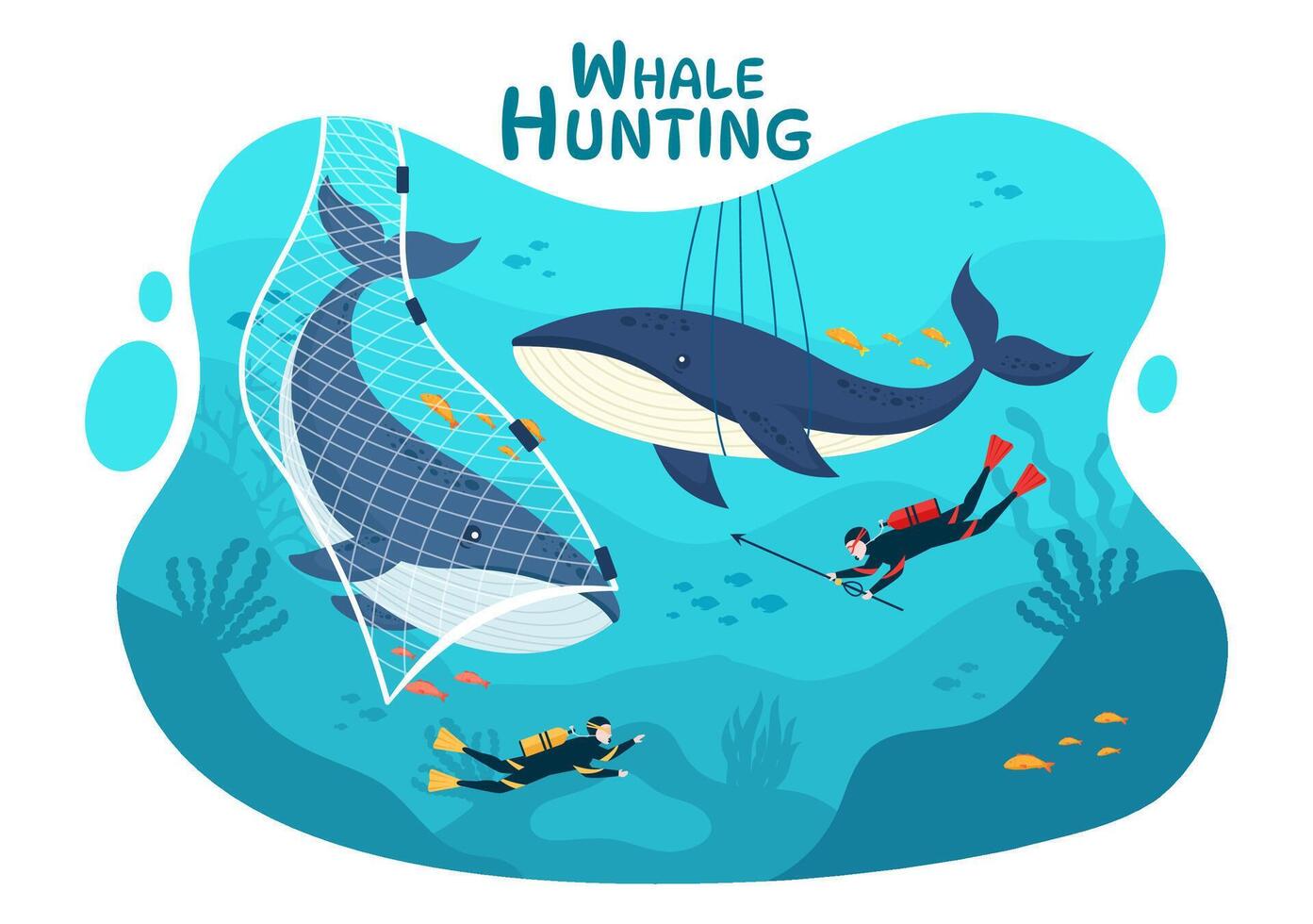 ballena caza vector ilustración con el actividad de caza ballenas a obtener productos ese humanos lata utilizar por ilegalmente en plano dibujos animados antecedentes