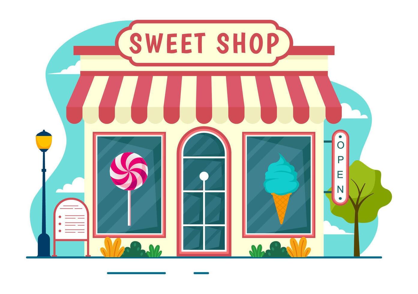 dulce tienda vector ilustración con de venta varios panadería productos, magdalena, pastel, Pastelería o caramelo en plano dibujos animados antecedentes diseño