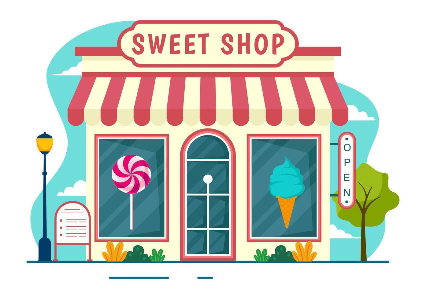 Sweet Shop Vector Illustration with Selling Various Bakery Products, Cupcake, Cake, Pastry or Candy in Flat Cartoon Background Design