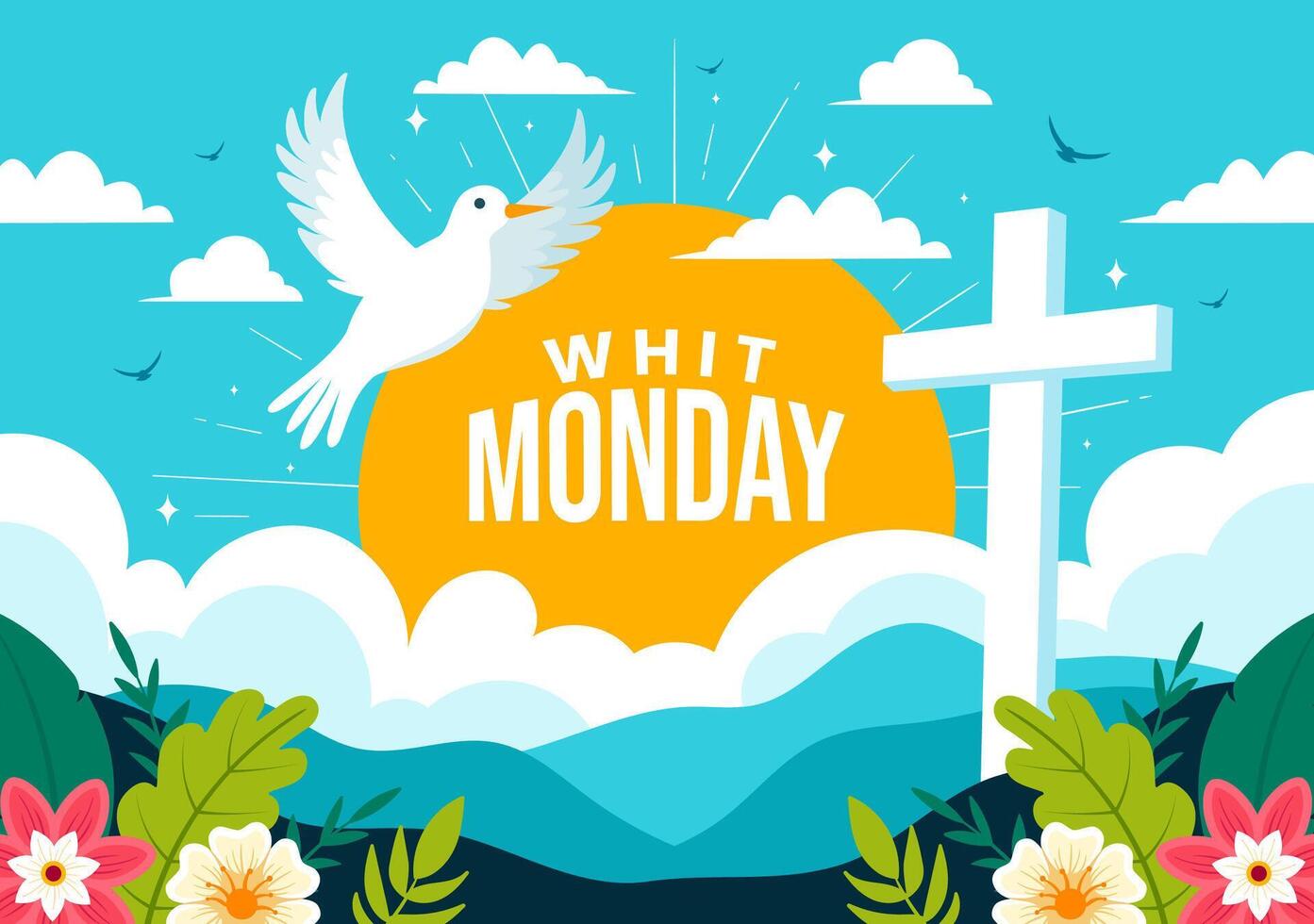 Whit Monday Vector Illustration with a Pigeon or Dove for Christian Community Holiday of the Holy Spirit in Flat Cartoon Background Design