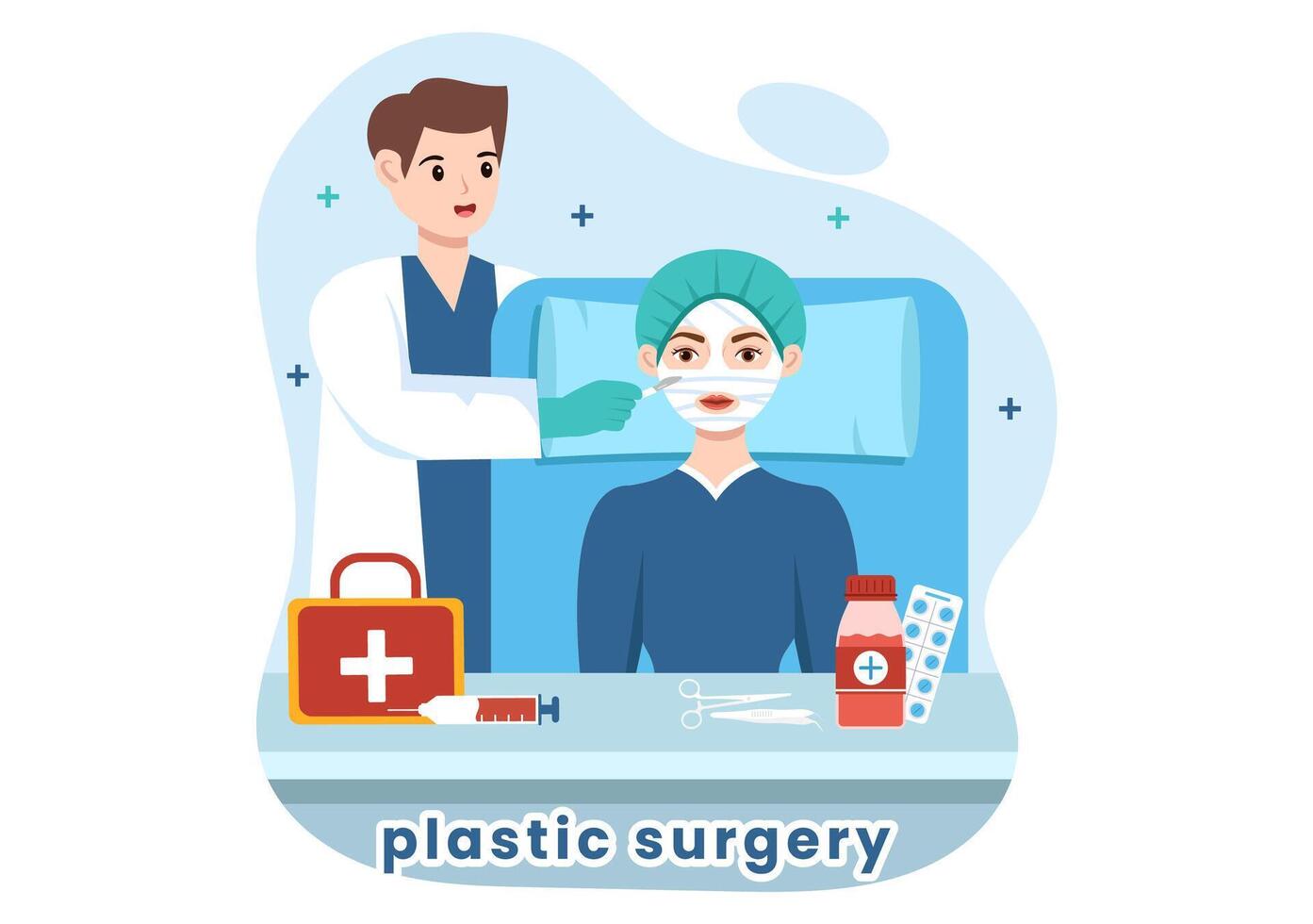 el plastico cirugía vector ilustración de médico quirúrgico operación en el cuerpo o cara como previsto utilizando avanzado equipo en dibujos animados antecedentes