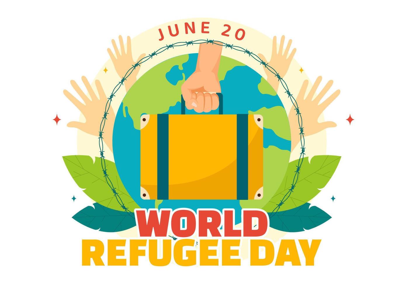 World Refugee Day Vector Illustration on 20 June of Immigration Family and Their Kids Walking Seek Home with Fence Iron Wire and Hand in Background