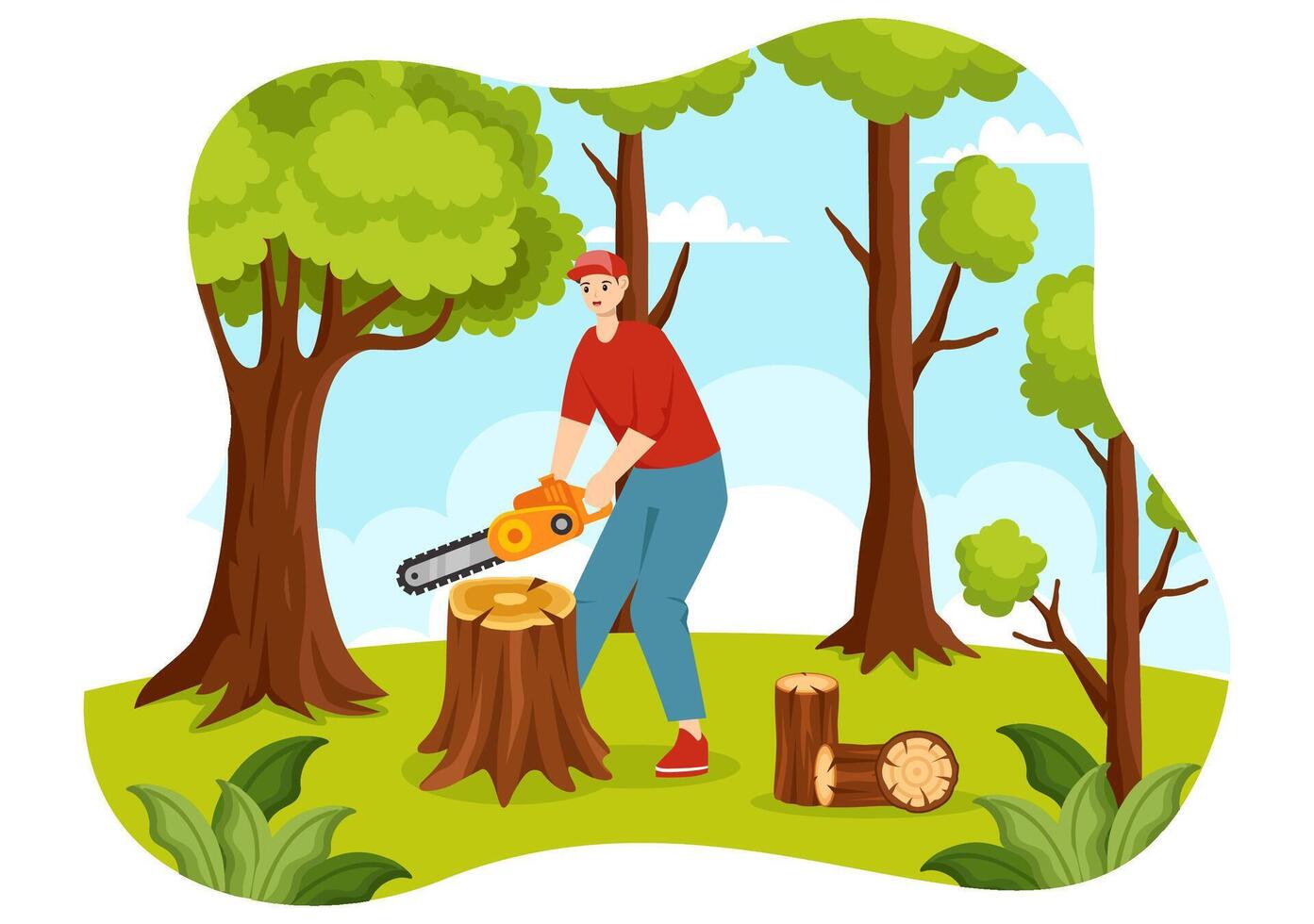 Timber Vector Illustration with Man Chopping Wood and Tree with Lumberjack Work Equipment Machinery or Chainsaw at Forest in Flat Cartoon Background