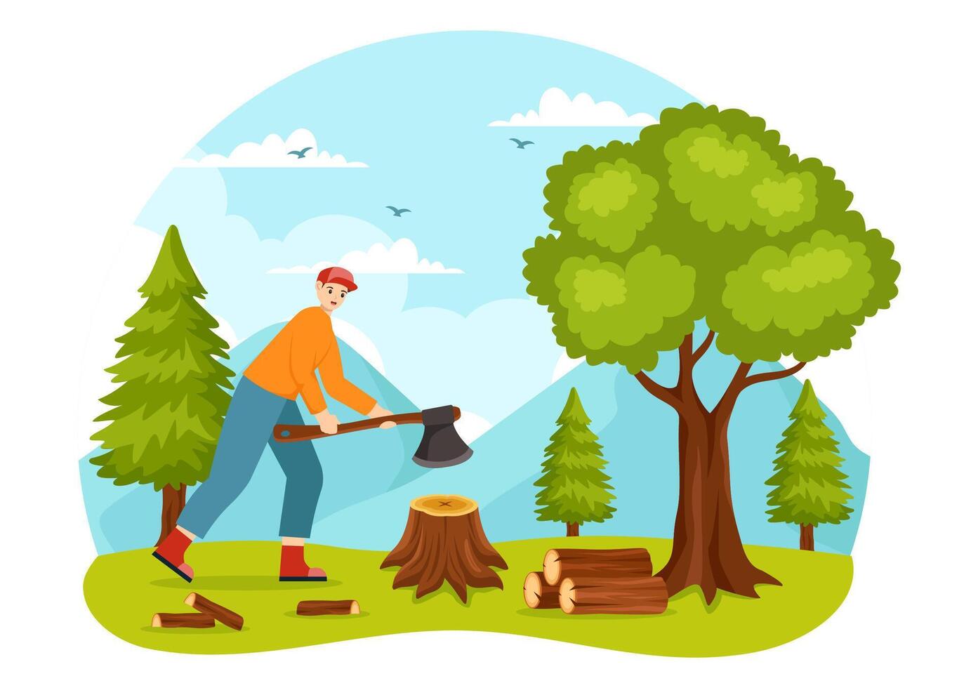 Timber Vector Illustration with Man Chopping Wood and Tree with Lumberjack Work Equipment Machinery or Chainsaw at Forest in Flat Cartoon Background