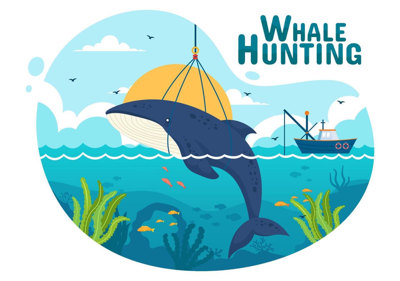 ballena caza vector ilustración con el actividad de caza ballenas a obtener productos ese humanos lata utilizar por ilegalmente en plano dibujos animados antecedentes