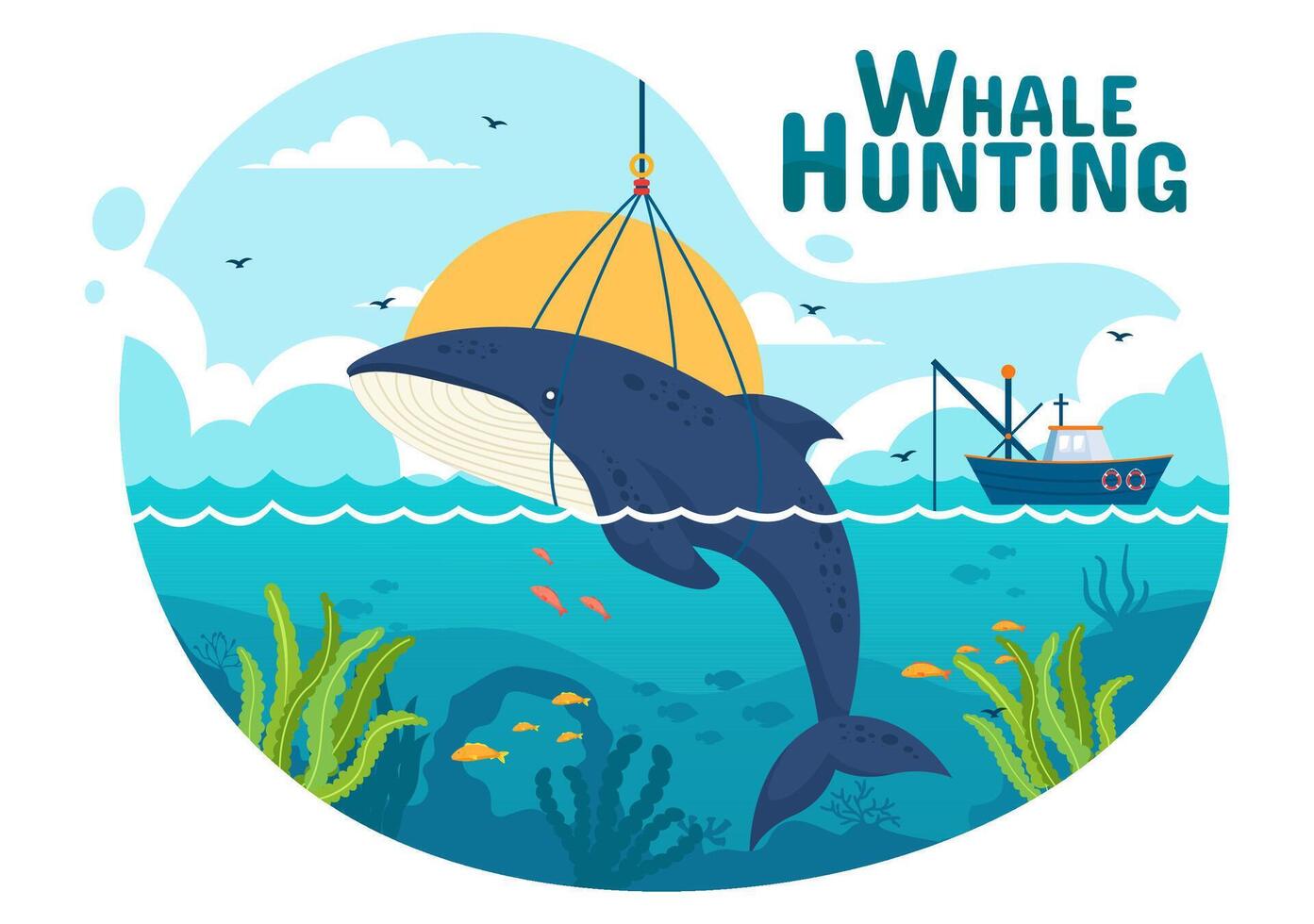Whale Hunting Vector Illustration with the Activity of Hunting Whales to Obtain Products that Humans can use by Illegally in Flat Cartoon Background