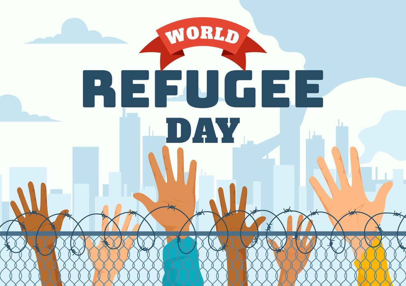 World Refugee Day Vector Illustration on 20 June of Immigration Family and Their Kids Walking Seek Home with Fence Iron Wire and Hand in Background