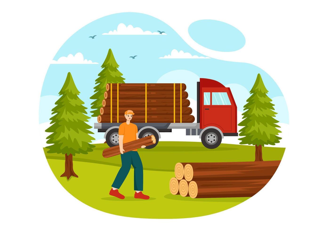 Timber Vector Illustration with Man Chopping Wood and Tree with Lumberjack Work Equipment Machinery or Chainsaw at Forest in Flat Cartoon Background