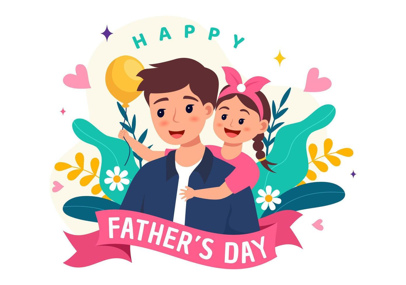 Happy Fathers Day Vector Illustration with Father and his Son or Daughter Playing Together in Flat Kids Cartoon Background Design