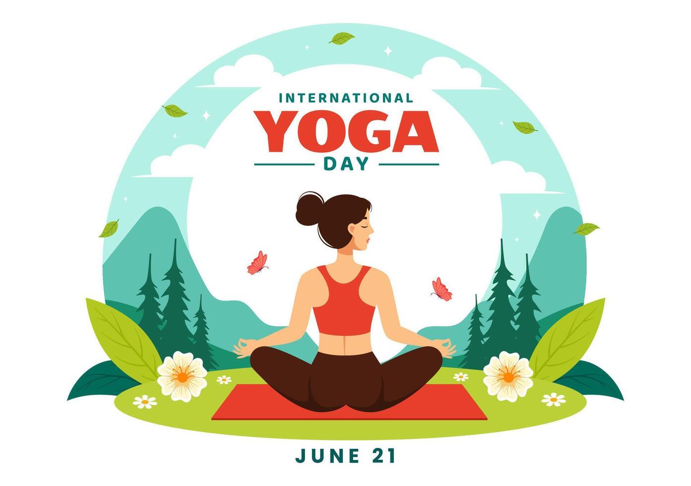 internacional yoga día vector ilustración en junio 21 con mujer haciendo cuerpo postura práctica o meditación en cuidado de la salud plano dibujos animados antecedentes