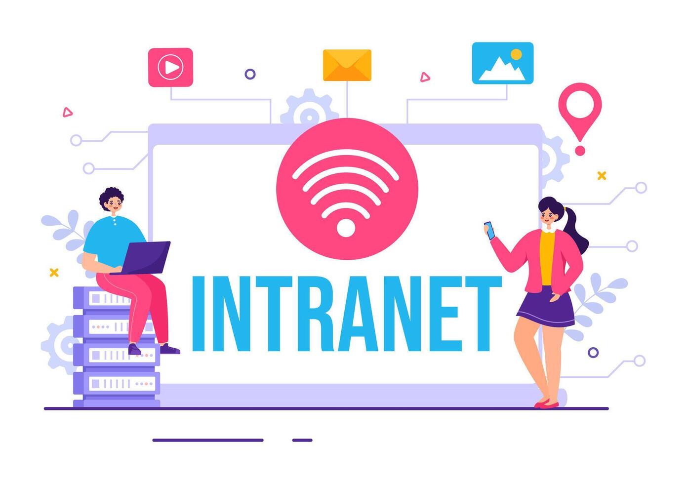 Intranet Internet Network Connection Technology Vector Illustration to Share Confidential Company Information and Website in Flat Cartoon Background