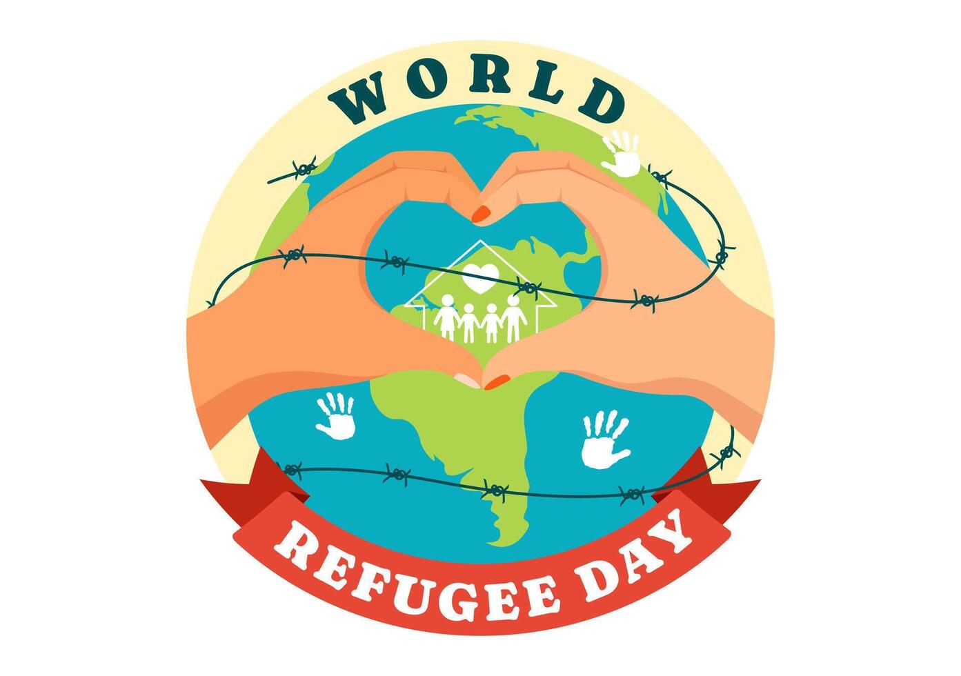 mundo refugiado día vector ilustración en 20 junio de inmigración familia y su niños caminando buscar hogar con cerca hierro cable y mano en antecedentes