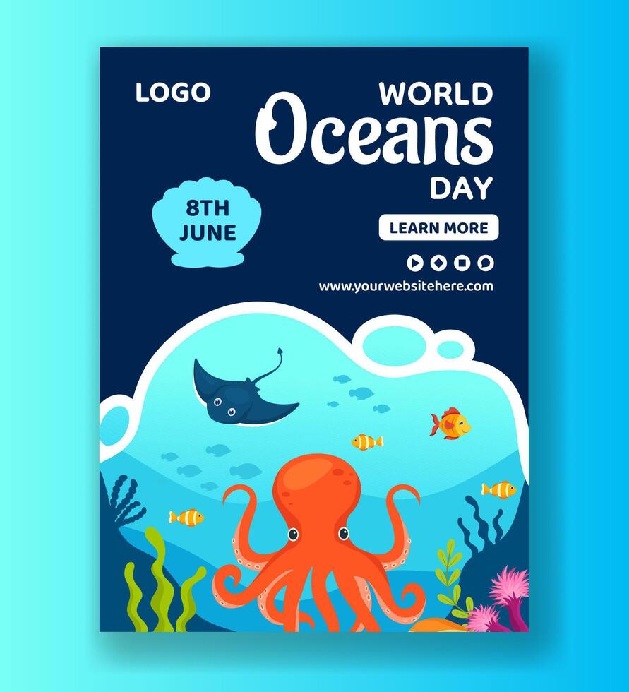 Oceans Day Vertical Poster Flat Cartoon Hand Drawn Templates Background Illustration vector