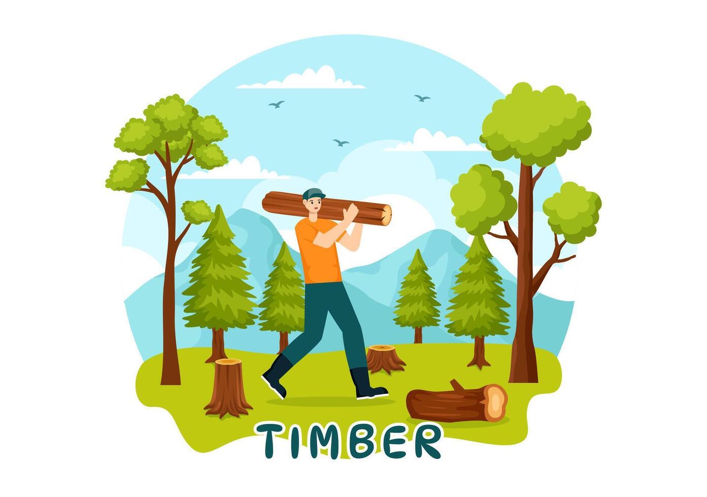 Timber Vector Illustration with Man Chopping Wood and Tree with Lumberjack Work Equipment Machinery or Chainsaw at Forest in Flat Cartoon Background