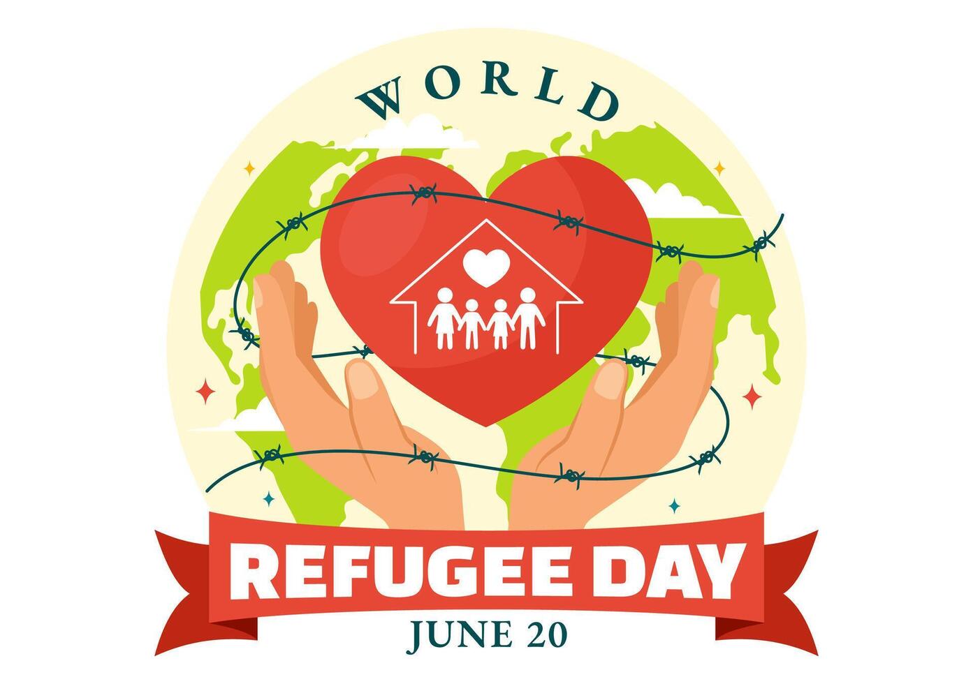 World Refugee Day Vector Illustration on 20 June of Immigration Family and Their Kids Walking Seek Home with Fence Iron Wire and Hand in Background