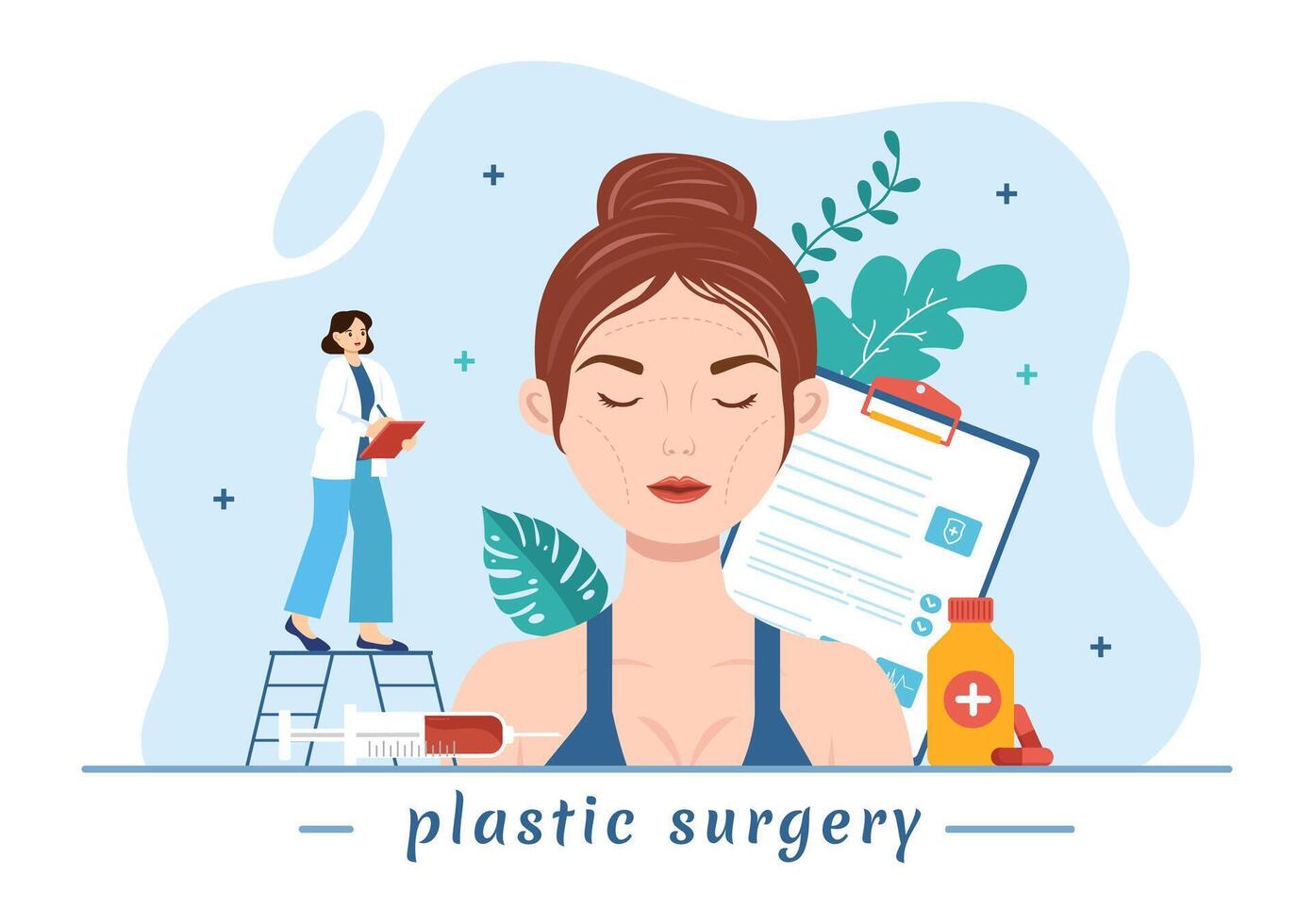 el plastico cirugía vector ilustración de médico quirúrgico operación en el cuerpo o cara como previsto utilizando avanzado equipo en dibujos animados antecedentes