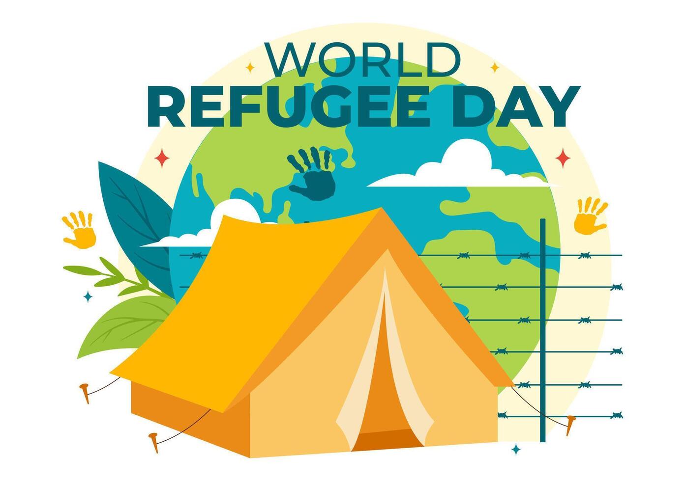 World Refugee Day Vector Illustration on 20 June of Immigration Family and Their Kids Walking Seek Home with Fence Iron Wire and Hand in Background