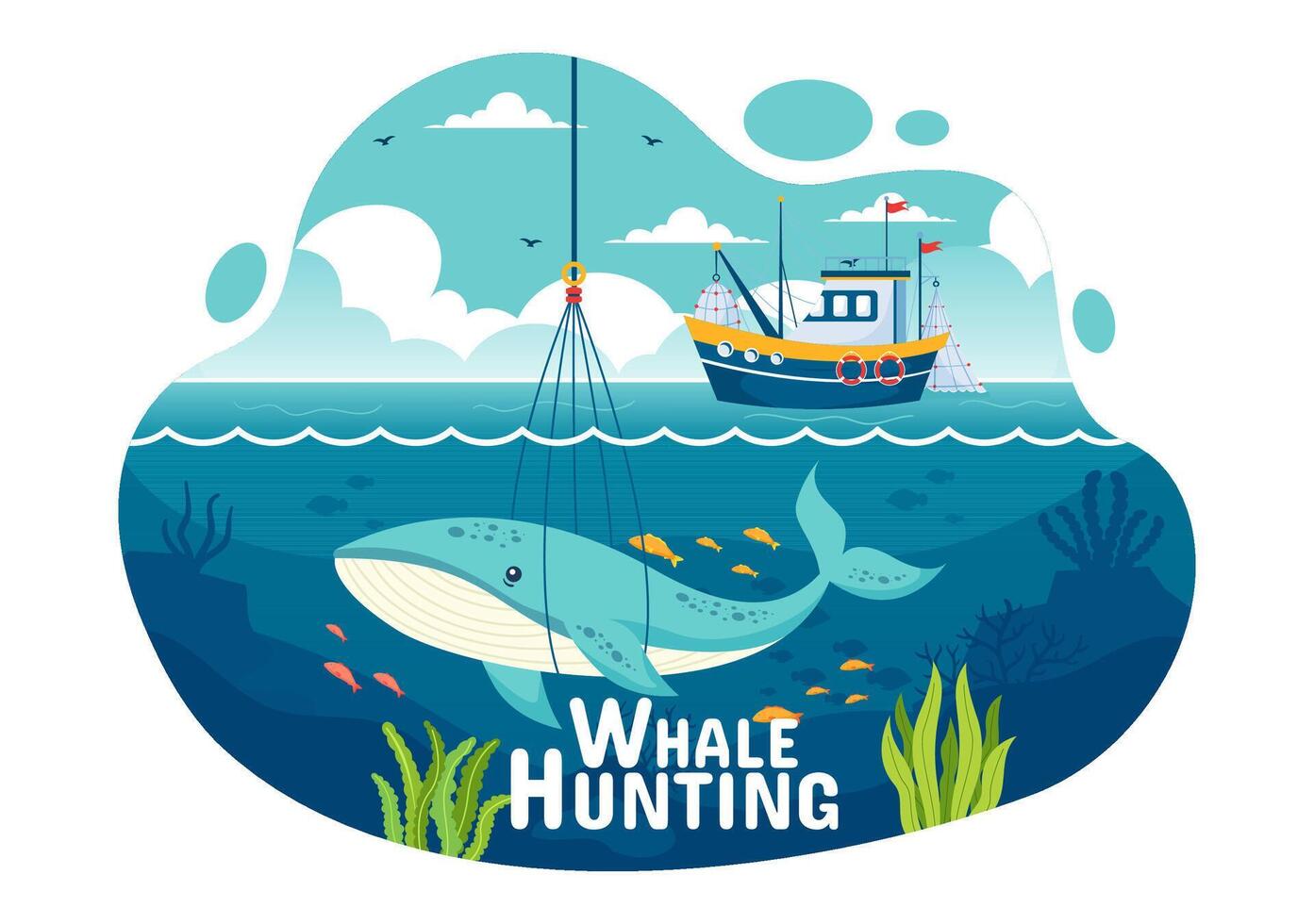 Whale Hunting Vector Illustration with the Activity of Hunting Whales to Obtain Products that Humans can use by Illegally in Flat Cartoon Background