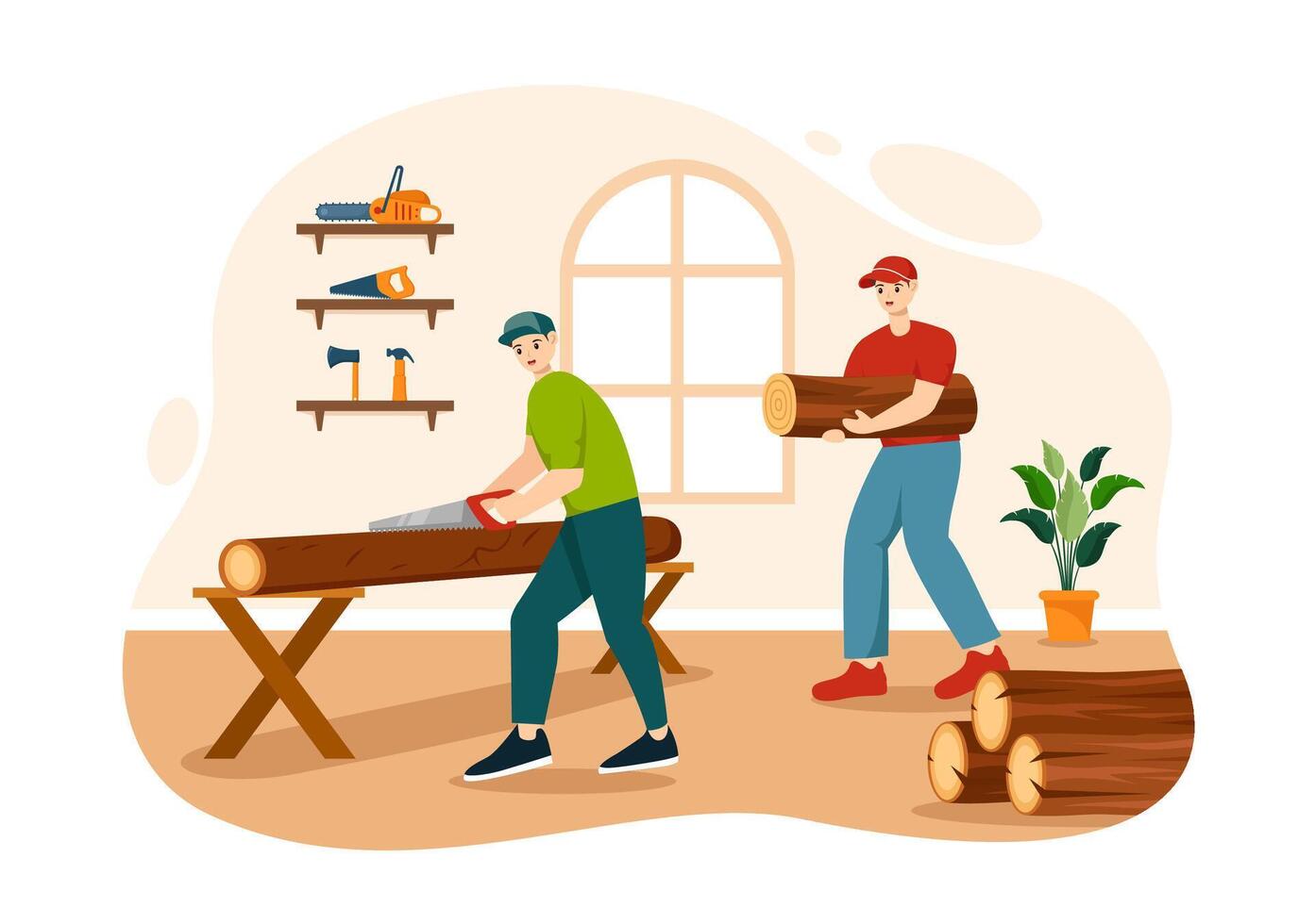 Timber Vector Illustration with Man Chopping Wood and Tree with Lumberjack Work Equipment Machinery or Chainsaw at Forest in Flat Cartoon Background