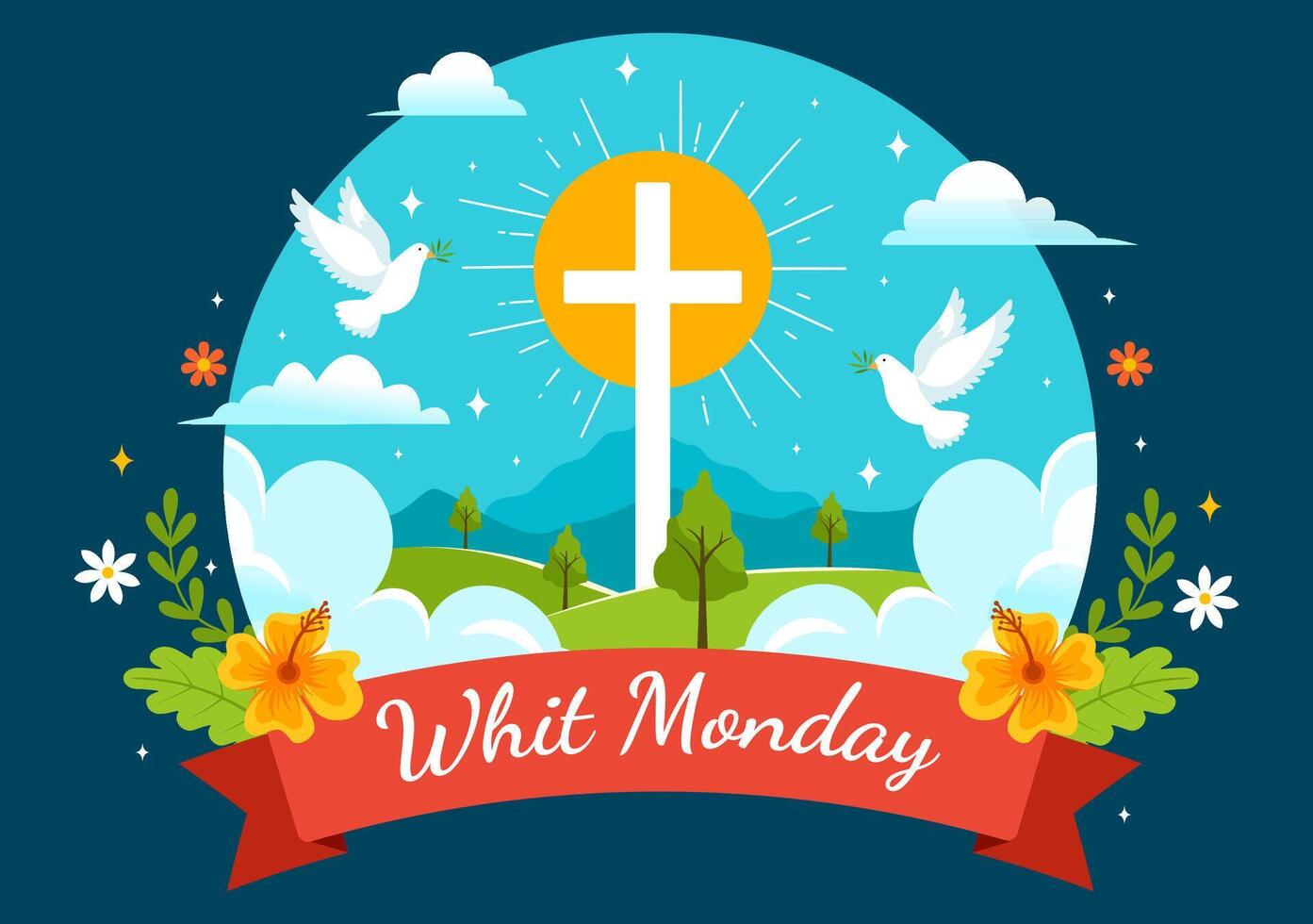 Whit Monday Vector Illustration with a Pigeon or Dove for Christian Community Holiday of the Holy Spirit in Flat Cartoon Background Design