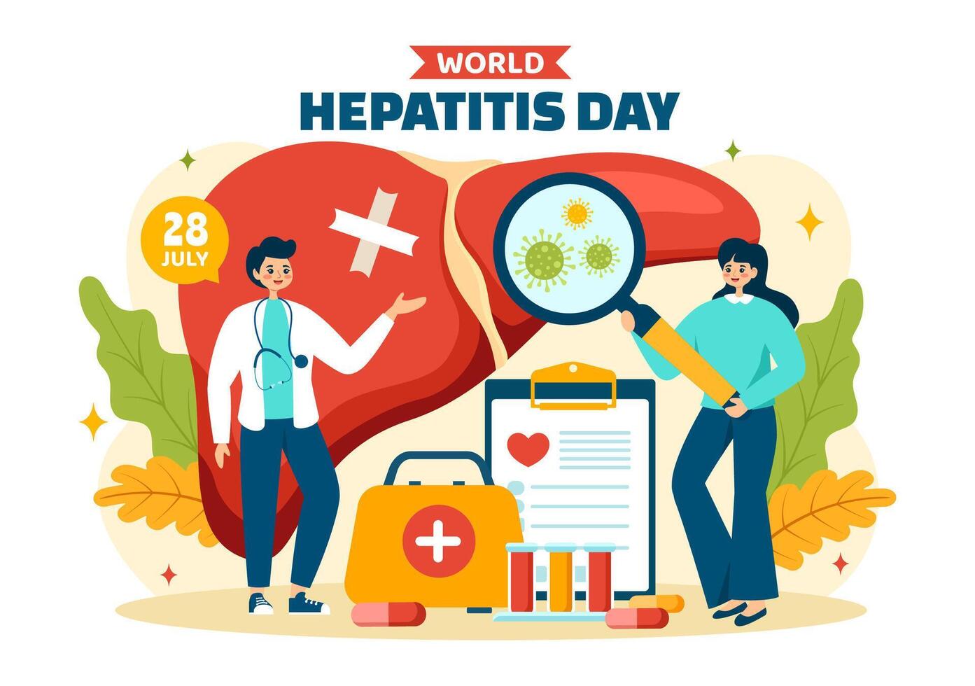 mundo hepatitis día vector ilustración en 28 julio de paciente enfermo hígado, cáncer y cirrosis en cuidado de la salud plano dibujos animados antecedentes diseño
