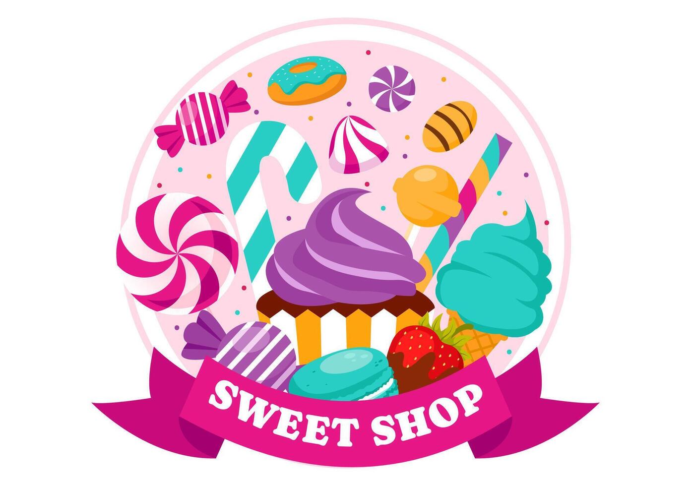 Sweet Shop Vector Illustration with Selling Various Bakery Products, Cupcake, Cake, Pastry or Candy in Flat Cartoon Background Design