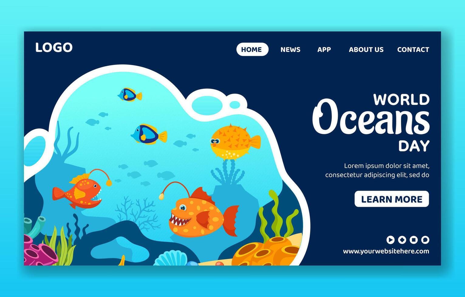 Oceans Day Social Media Landing Page Cartoon Hand Drawn Templates Background Illustration vector