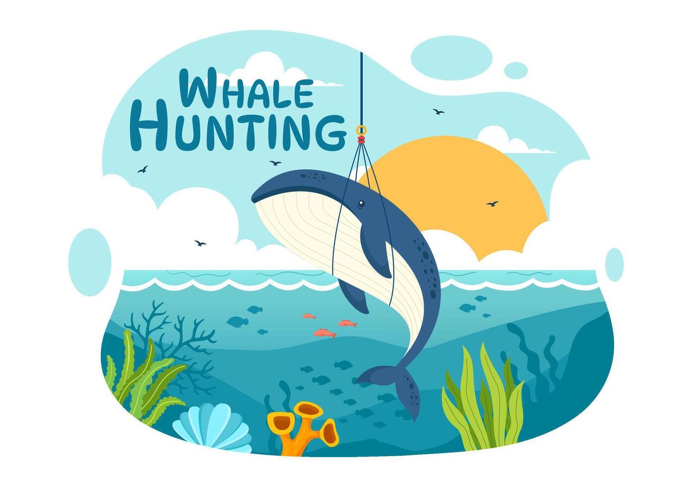 Whale Hunting Vector Illustration with the Activity of Hunting Whales to Obtain Products that Humans can use by Illegally in Flat Cartoon Background