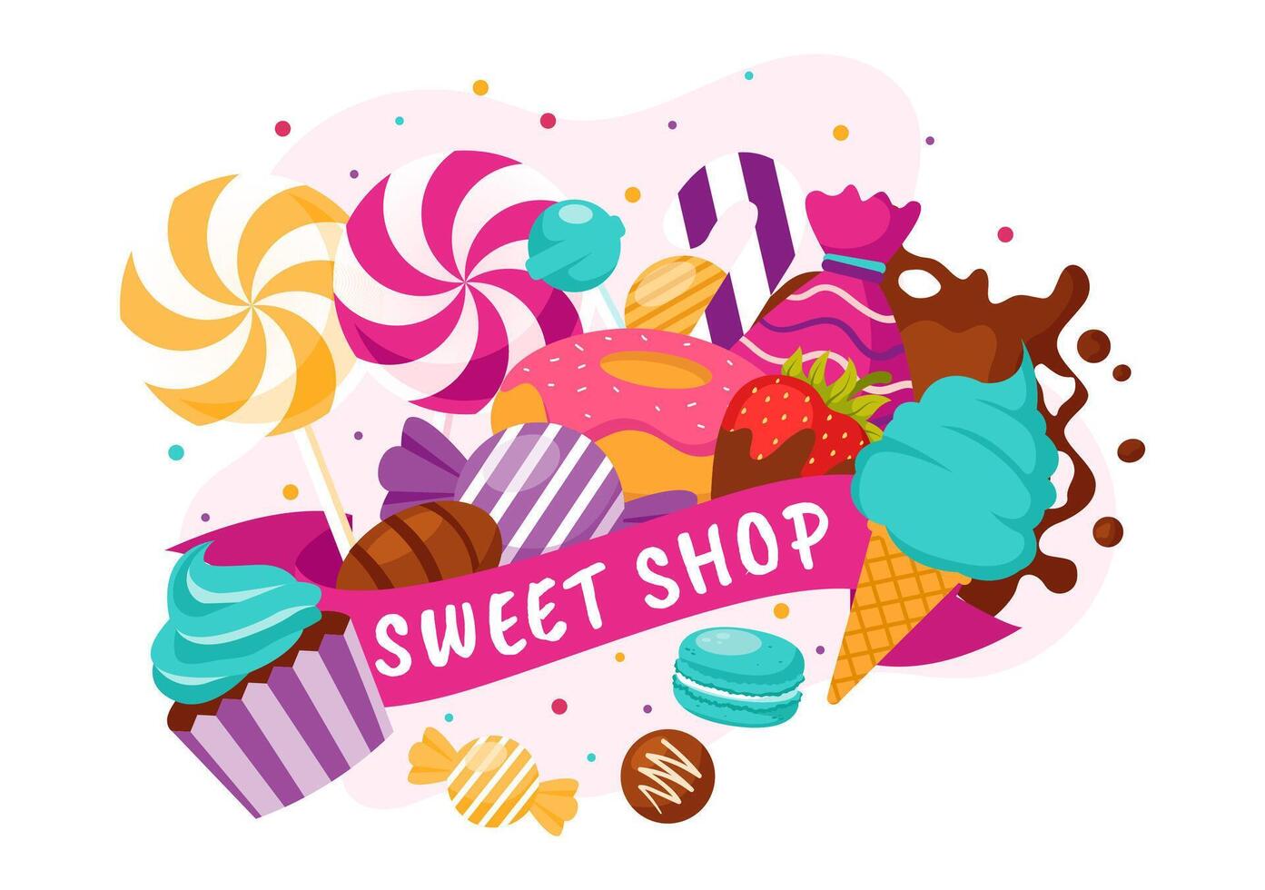 Sweet Shop Vector Illustration with Selling Various Bakery Products, Cupcake, Cake, Pastry or Candy in Flat Cartoon Background Design