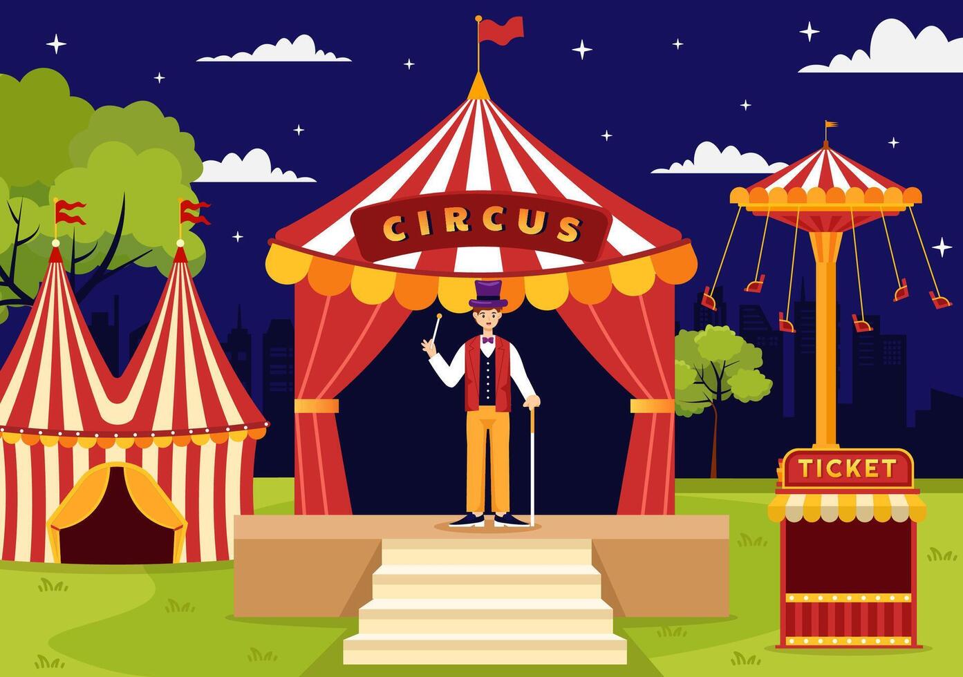 Circus Vector Illustration with Show of Gymnast, Magician, Animal Lion Tiger, Host, Entertainer, Clowns and Amusement Park in Flat Cartoon Background