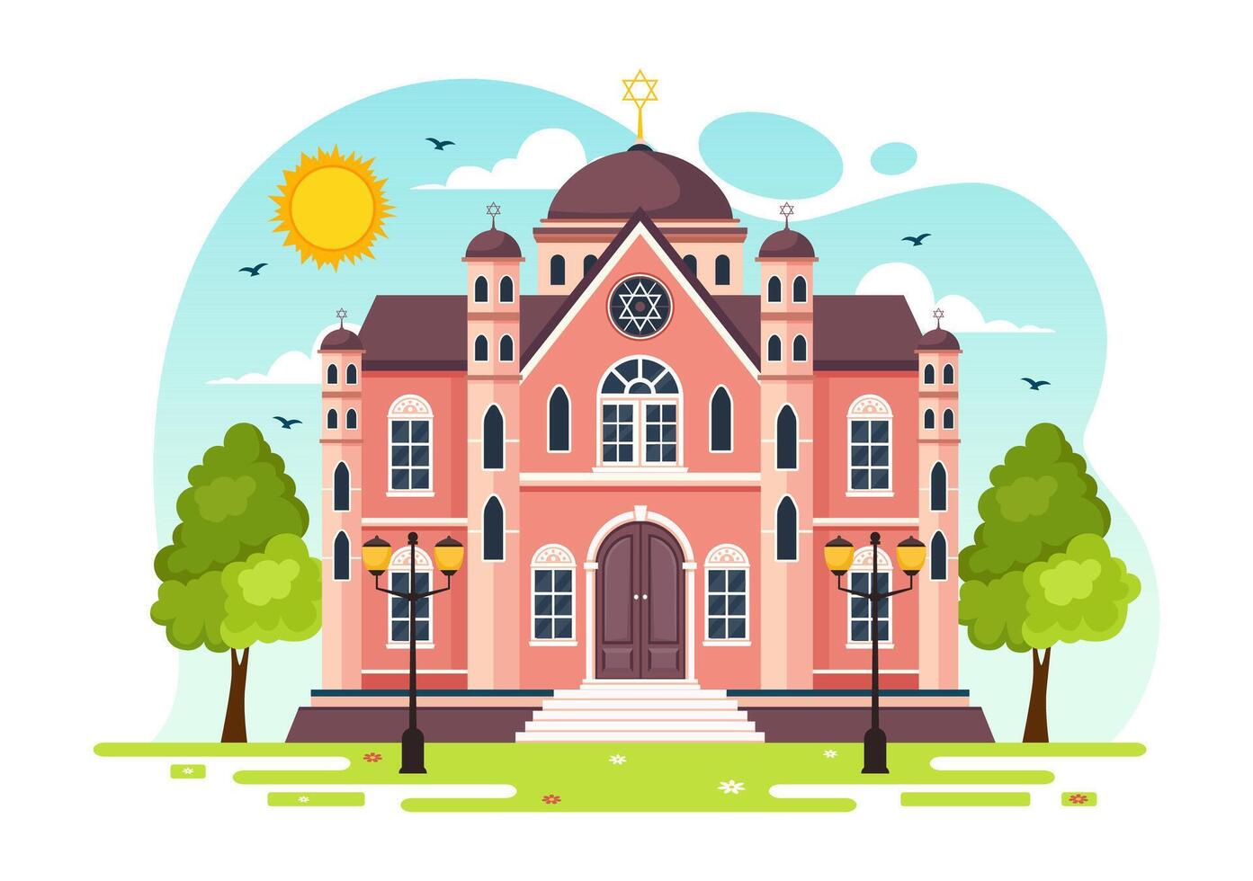 Synagogue Building or Jewish Temple Vector Illustration with Religious, Hebrew or Judaism and Jew Worship Place in Flat cartoon Background