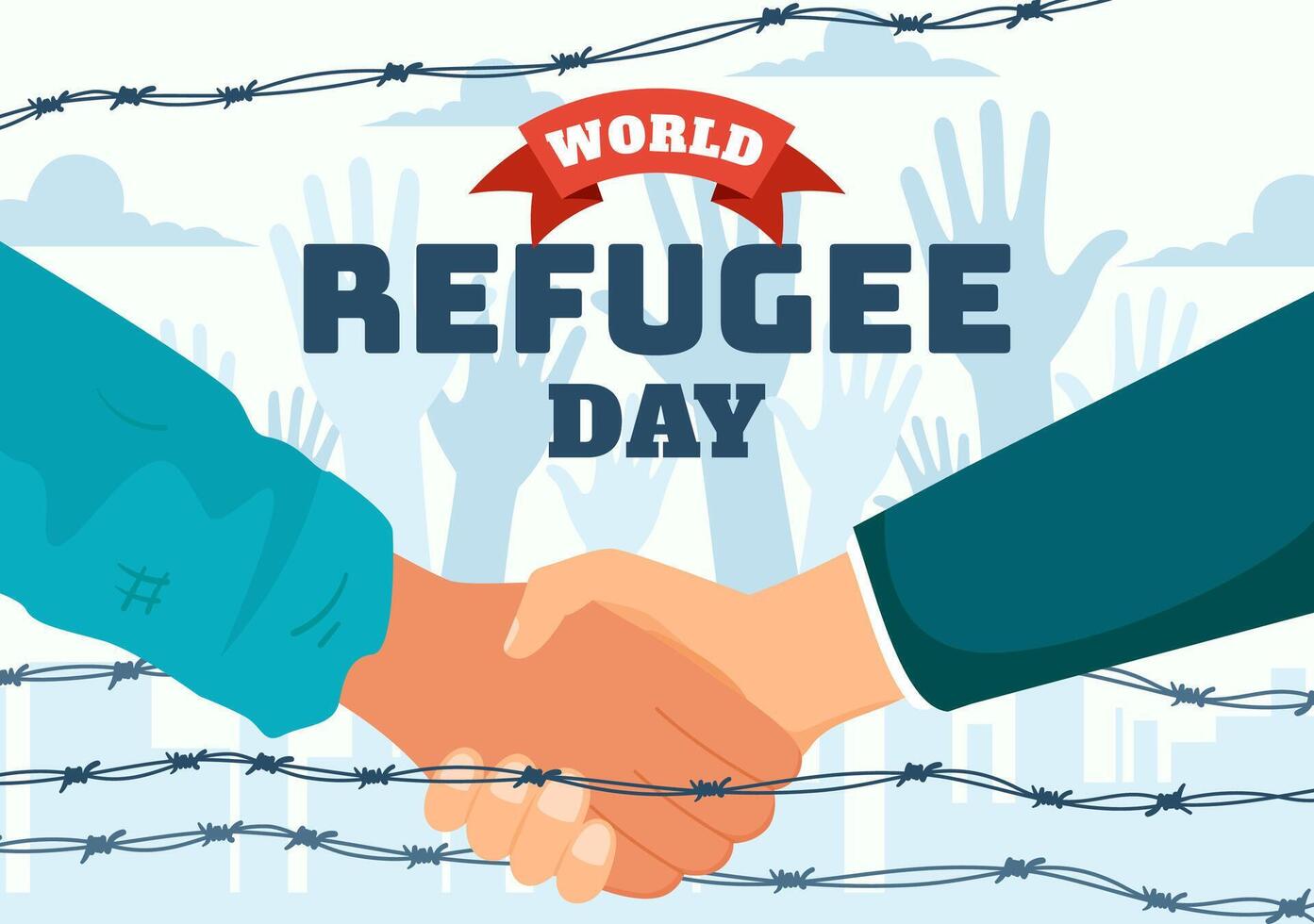 mundo refugiado día vector ilustración en 20 junio de inmigración familia y su niños caminando buscar hogar con cerca hierro cable y mano en antecedentes