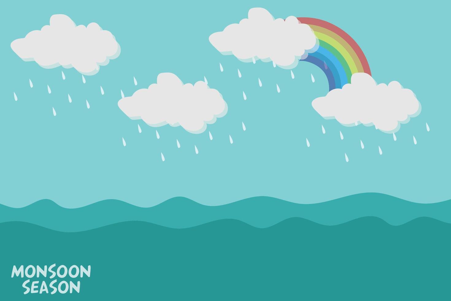 Monsoon season banner background with clouds, rainbow, and rain drops. Vector illustration.
