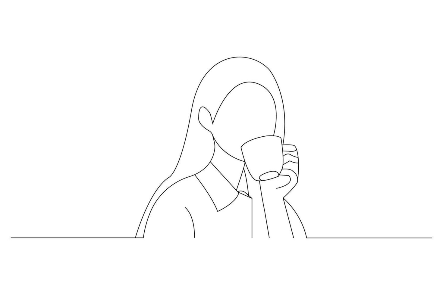 Young woman drinking coffee outline vector isolated on white background.