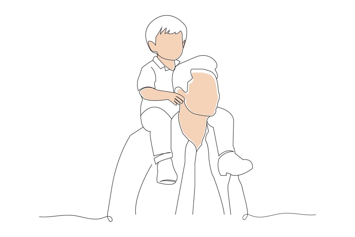 Father carrying his son on his shoulders continuous outline vector isolated on white background. Happy Father's Day concept one line art drawing.