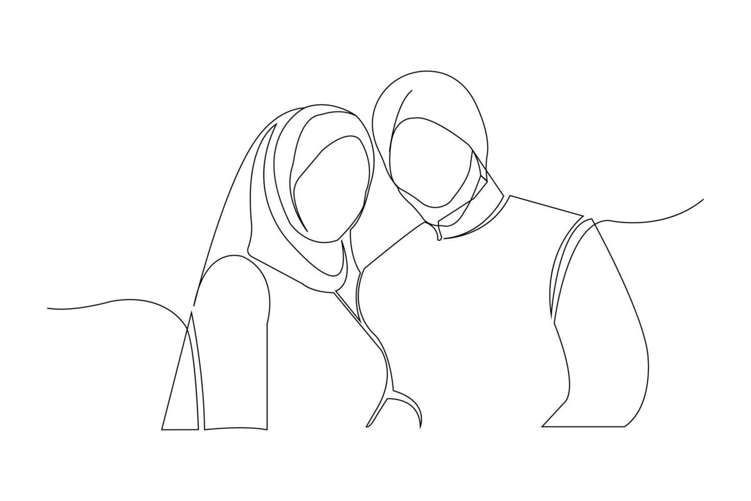 Muslim couple continuous outline vector illustration. Wedding concept background