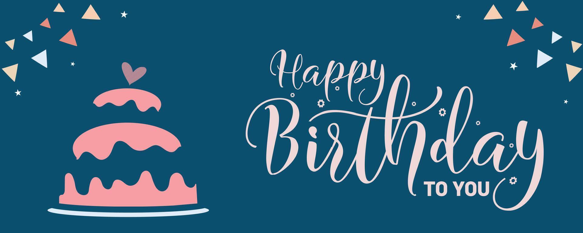 Happy Birthday banner with cake and party decoration. Birthday greeting card, poster and celebration event background design. Vector illustration.