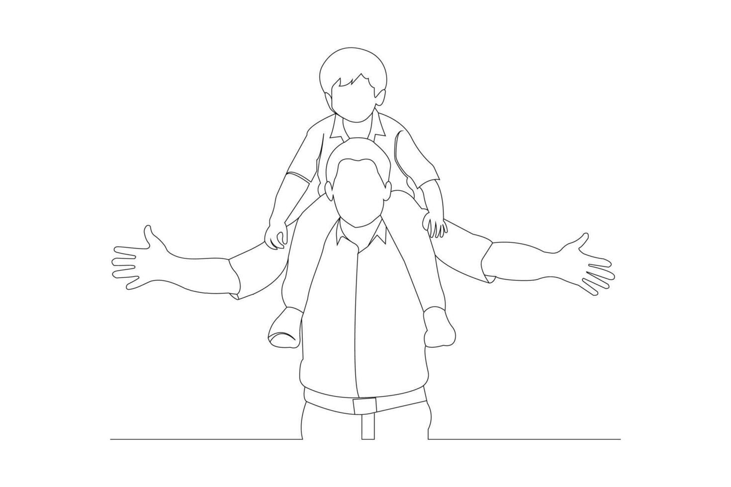 Father carrying his son on his shoulders continuous outline vector isolated on white background.