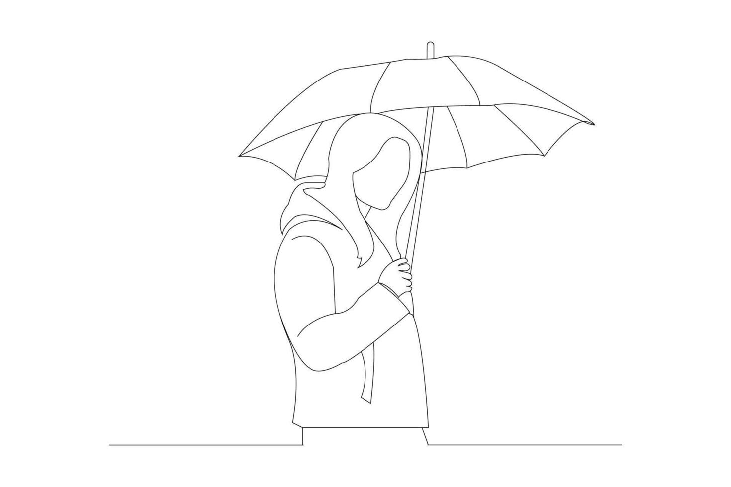 Girl holding umbrella continuous outline vector isolated on white background.