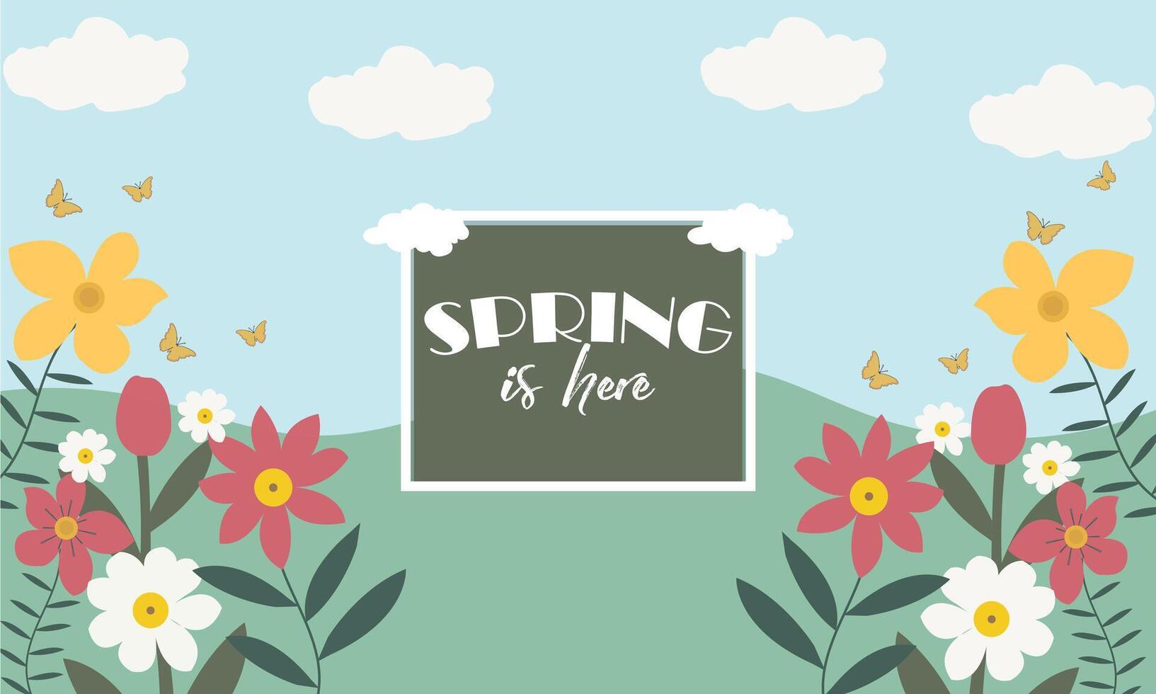 primavera temporada bandera diseño con flores y mariposa. primavera linda floral antecedentes vector. vector