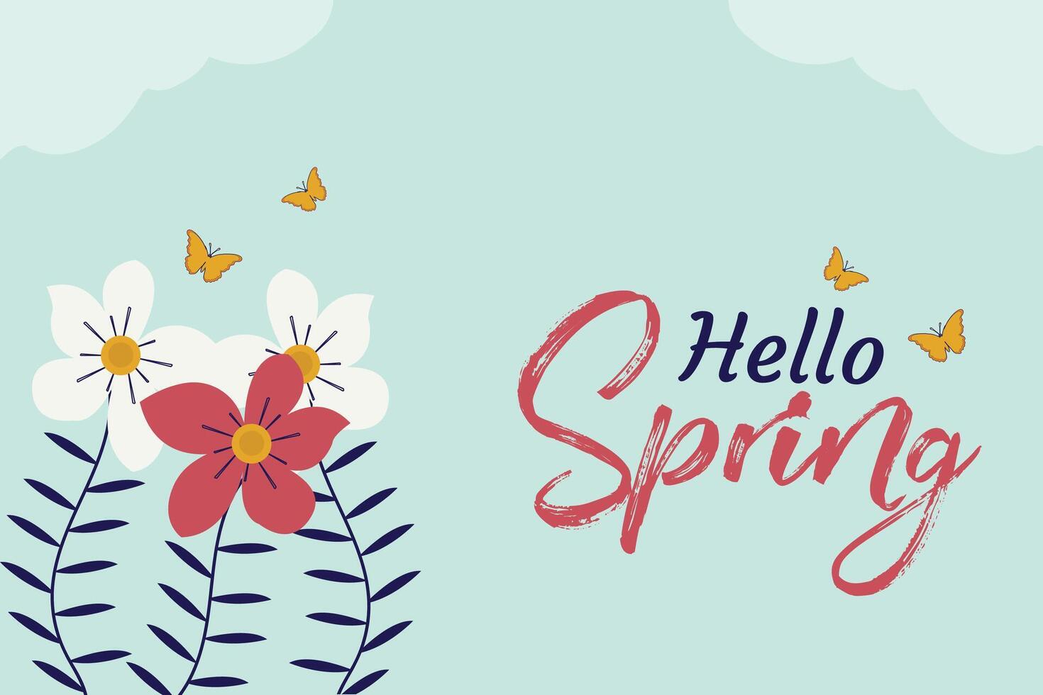 primavera temporada bandera diseño con flores y mariposa. primavera linda floral antecedentes vector. vector