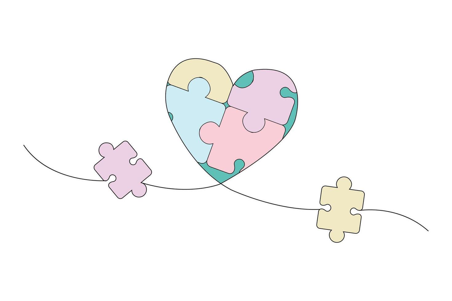 Puzzle with love continuous outline vector isolated on white background.  Autism Awareness Month concept background.